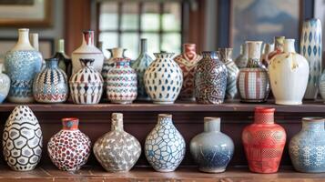 A collection of custom ceramic vases displayed on a mantel each one displaying a different pattern or shape reflecting the individual style of its owner. photo