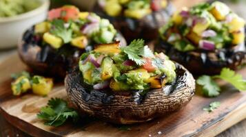 These grilled portobello mushroom burgers are sure to impress topped with a refreshing pineapple salsa and a dollop of creamy avocado sauce photo