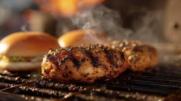 A tantalizing aroma wafts from the grill as a perfectly seasoned chicken sandwich sizzles to perfection photo