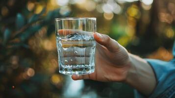 un persona elegir a bebida agua en lugar de alcanzando para un alcohólico bebida exhibiendo auto control durante el desafío foto