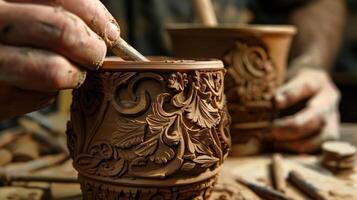 A potter carefully carves intricate details into the surface of a clay mug adding personal touches to the piece photo