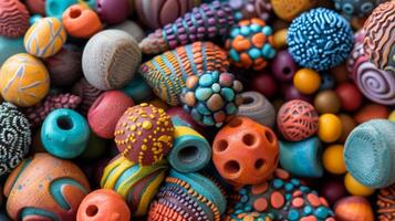 A handful of molded clay beads each one unique in shape and color. photo