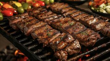 un Estallar de sabor en cada mordedura suculento piezas de carne marinado en tradicional peruano es y A la parrilla terminado ardiente carbones creando un tentador aroma y textura foto