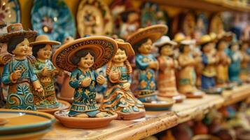 un animado mercado lleno con terracota estatuillas platos y floreros cada uno reflejando el cultura y tradiciones de el región. foto