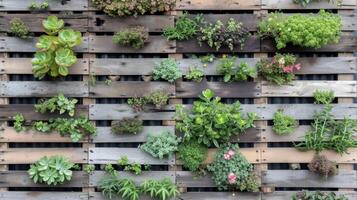 un vertical jardín pared hecho desde reutilizado de madera paletas lleno con un variedad de hierbas y suculentas para un creativo y Respetuoso del medio ambiente adición a ninguna patio interior espacio foto