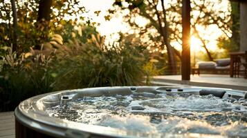 An outdoor hot tub surrounded by nature offering a tranquil spot for guests to unwind and soak in the theutic benefits. photo