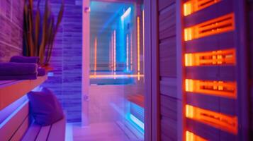 un sereno spa ajuste con suave Encendiendo y un acogedor infrarrojo sauna para un feliz desintoxicación experiencia. foto