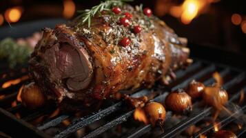 Get ready for a mouthwatering experience with this fireside roast lamb slowcooked over open flames and filled with smoky aromatic flavors photo