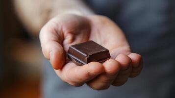 el mans mano delicadamente sostiene un pedazo de chocolate como Si sus un precioso joya a ser atesorado foto