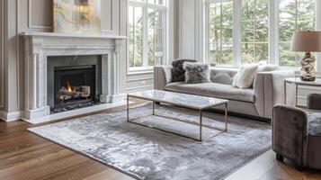 A plush area rug in shades of grey complements the white marble of the fireplace tying the room together and adding texture to the space. 2d flat cartoon photo