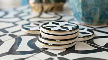 A set of ceramic coasters with a geometric pattern and a highgloss finish adding a touch of sophistication to any home decor. photo