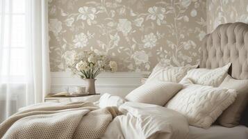 An elegant bedroom with intricate wallpaper featuring delicate floral patterns in soft neutral tones photo