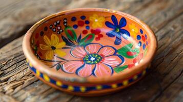 A photo of a small clay dish with handpainted flowers in bright vibrant colors.