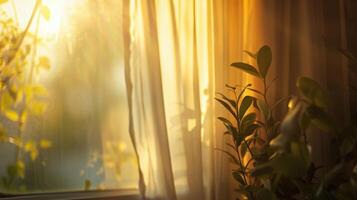 In the background soft sunlight filters through curtains adding to the serene ambience photo