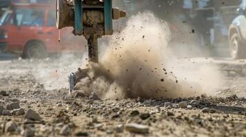 A dust cloud rising as a jackhammer tears through the ground in preparation for new underground utilities photo