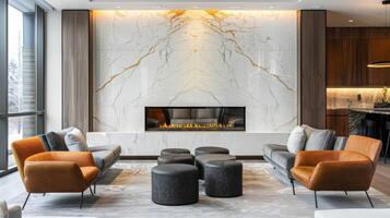 The fireplace feature wall exudes elegance with its marble facade its intricate detailing adding a touch of luxury to the modern lounge. 2d flat cartoon photo