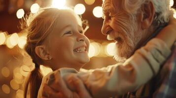 A young girl and her grandfather laughing and dancing together enjoying the lively atmosphere photo