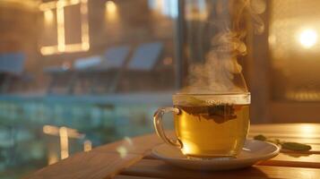 el vapor desde el sauna mezclas sin problemas con el vapor desde un taza de herbario té como un persona se relaja y hidrata después un largo día. foto