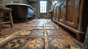 A wide shot of a bathroom floor being transformed with handcrafted tiles showcasing the intricate and unique patterns being created photo