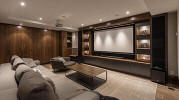 A sleek and modern entertainment room complete with a custombuilt media center and storage unit combining style and functionality for the ultimate movie night experience photo