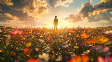 un persona soportes en medio de un campo de floreciente flores representando su floreciente inmune sistema. foto