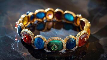 A clay bracelet adorned with sparkling gemstones adding a touch of elegance to the piece. photo