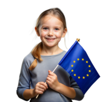 A cheerful girl shows pride with a EU flag in her hand png