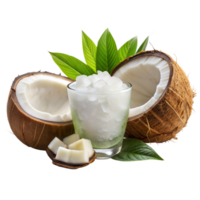 Coconut oil in glass with halved and whole coconut on transparent background png