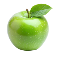 A ripe green apple with a single leaf, covered in water droplets png