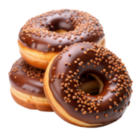 A trio of chocolate frosted donuts adorned with crunchy sprinkles png