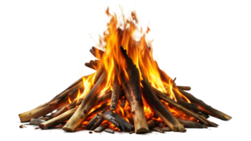 A vibrant campfire with flames and wood isolated on transparent png