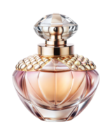 A translucent perfume bottle with a gold and bejeweled cap png