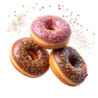 Three sprinkle-covered doughnuts in mid-air against a transparent backdrop png