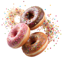 Three donuts with pink and chocolate icing and rainbow sprinkles captured mid-fall png