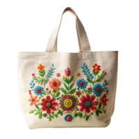 Handmade tote with vibrant floral embroidery and sequin accents png