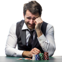 A man in a vest and tie shows distress over a poker game png