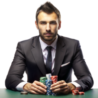 une suave homme dans une costume engagé dans une Jeu de poker avec une empiler de frites png