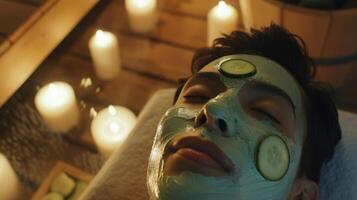 A person applying a cooling cucumber face mask while sitting in the sauna promoting relaxation and rejuvenation. photo