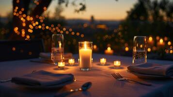 The city lights le in the distance as the candles dance in the gentle breeze setting a dreamy scene for the dinner. 2d flat cartoon photo