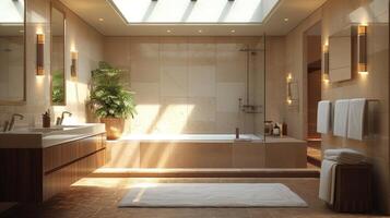 A bathroom in a retirement community with wellp vanity lights and a large skylight making it easy for seniors to see while getting ready in the morning or evening photo