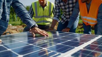 A group of architects and engineers discussing the placement of solar panels on a blueprint of a sustainable development project photo