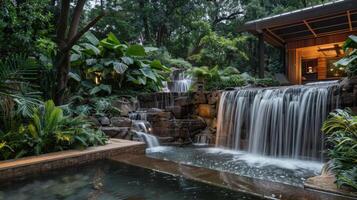 In a lush jungle a hidden sauna can be found behind cascading waterfalls offering a refreshing escape from the intense humidity. photo