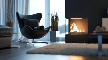 A small freestanding fireplace sits in the corner of the room its sleek and minimalistic design providing a warm and stylish focal point. The fire crackles softly casting 2d flat cartoon photo