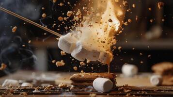 A marshmallow tower collapsing in slow motion as it is pulled off of the stick and onto a smore photo