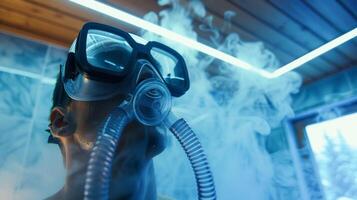 A person in the sauna with an oxygen mask combining the antiaging benefits of increased oxygen intake with sauna therapy. photo