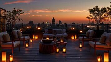 As the sun sets behind the city skyline the rooftop is transformed into a fiery oasis with a sea of candlelit tables and chairs. 2d flat cartoon photo