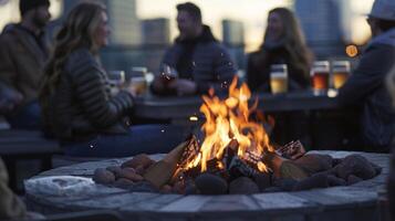 In the corner a crackling fire pit warms the cool rooftop air as partygoers gather around sipping on tails and gazing at the stunning cityscape view. 2d flat cartoon photo