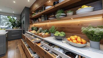 From hidden drawer compartments to perfectly fitted shelves every aspect of this custom cabinetry was carefully designed to maximize storage and functionality photo