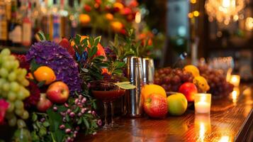 vibrante frutas y hierbas adornar el bar muy lleno con color como el abadejo velas reflejar apagado el pulido de madera superficie. 2d plano dibujos animados foto