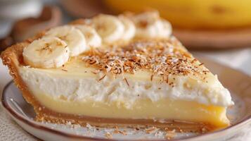 A decadent and rich banana and coconut cream pie the perfect dessert for a tropicalthemed meal photo